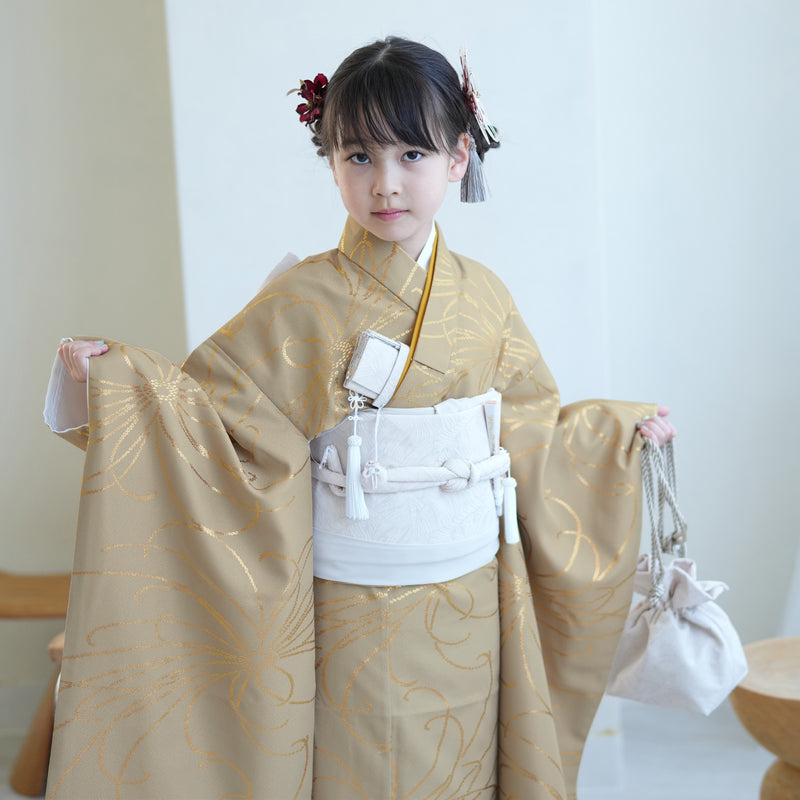 七五三 7歳 女の子 ひよこ商店 着物 日本製作り帯 子供 kids 四つ身 お祝い着 シナモン金彩（6728609300）