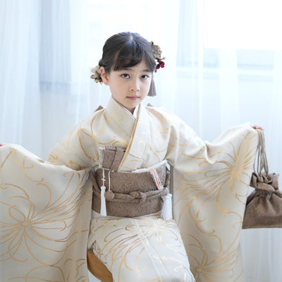 七五三 7歳 女の子 ひよこ商店 着物 日本製作り帯 子供 kids 四つ身 お祝い着 ベージュ金彩（6728609400）