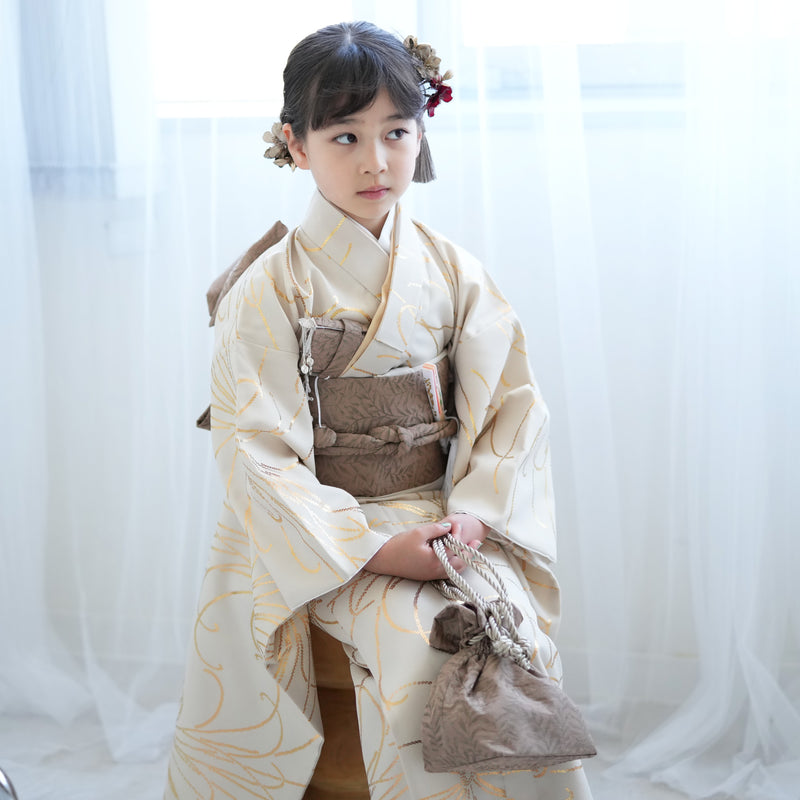 七五三 7歳 女の子 ひよこ商店 着物 日本製作り帯 子供 kids 四つ身 お祝い着 ベージュ金彩（6728609400）