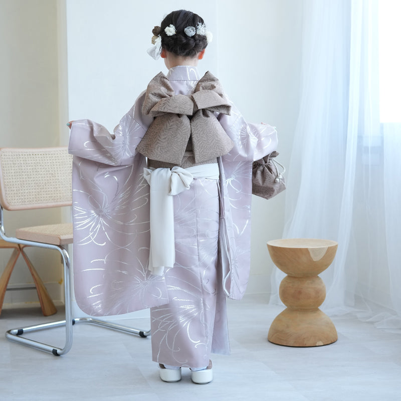 七五三 7歳 女の子 ひよこ商店 着物 日本製作り帯 子供 kids 四つ身 お祝い着 くすみラベンダー銀彩（6728609700）