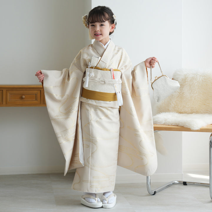 七五三着物 7歳 女の子 着物セット】販売品 四つ身 ベージュ金彩