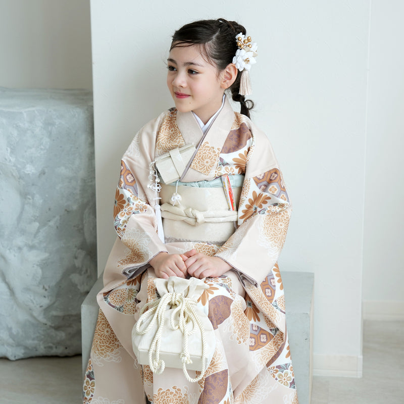 【七五三着物 7歳 女の子 着物セット】販売品 四つ身 エクリュ七宝 ひよこ商店（6728613600）