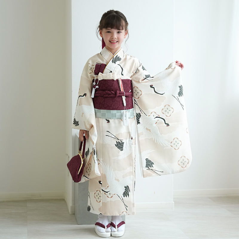 【七五三着物 7歳 女の子 着物セット】販売品 四つ身 エクリュベージュ吉祥鶴 ひよこ商店（6728613700）
