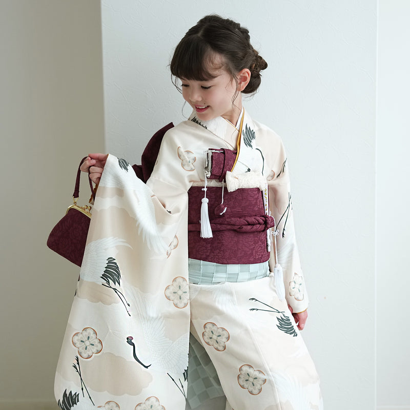 【七五三着物 7歳 女の子 着物セット】販売品 四つ身 エクリュベージュ吉祥鶴 ひよこ商店（6728613700）