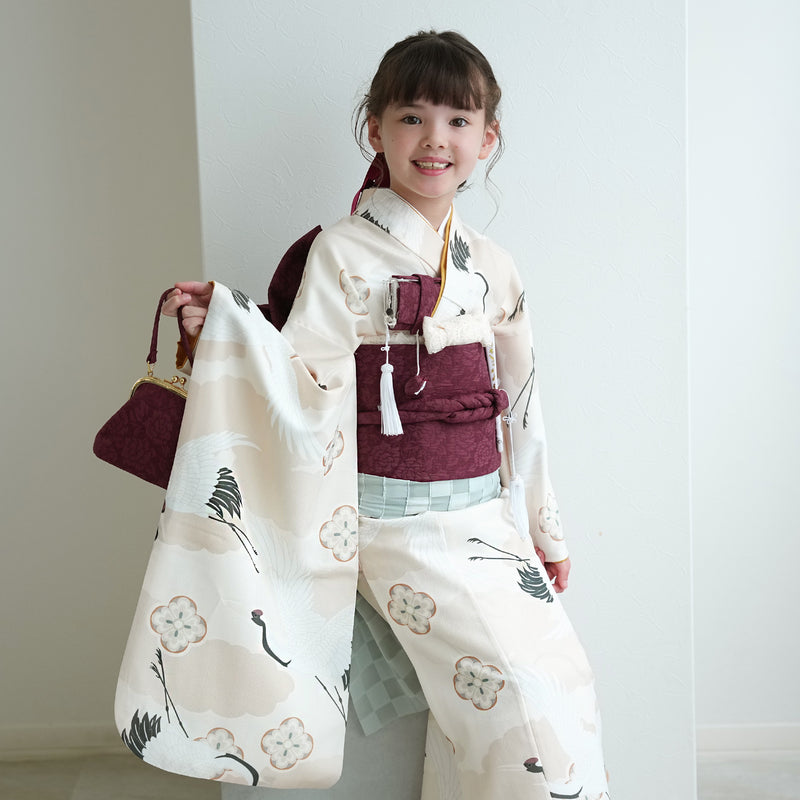 【七五三着物 7歳 女の子 着物セット】販売品 四つ身 エクリュベージュ吉祥鶴 ひよこ商店（6728613700）