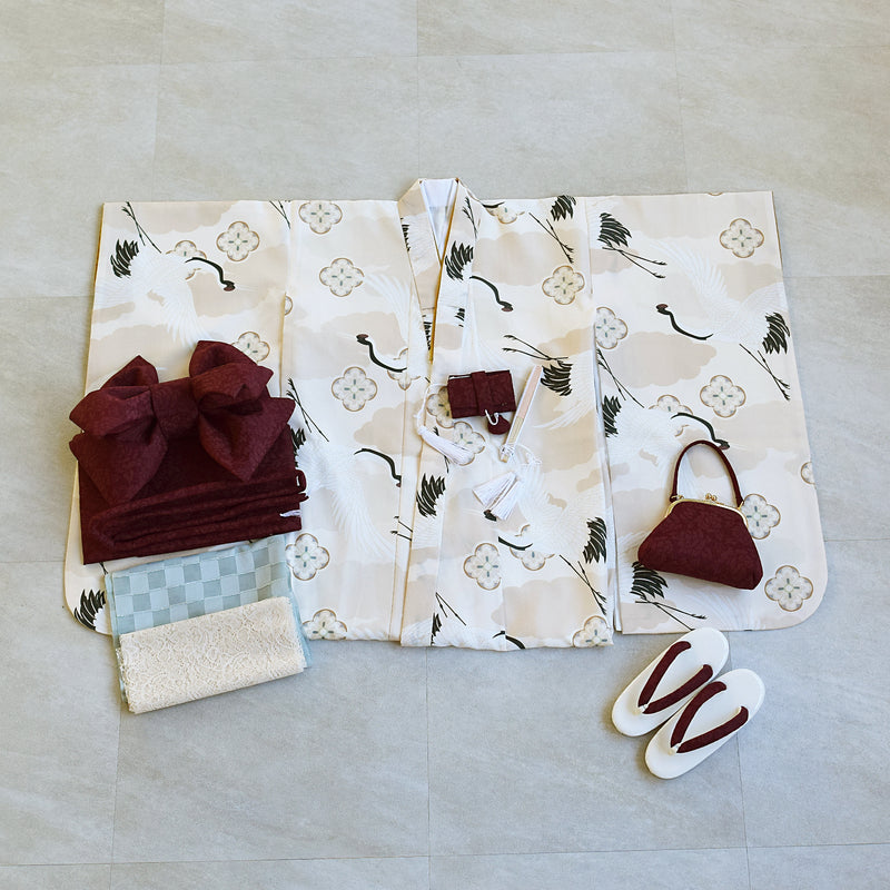 【七五三着物 7歳 女の子 着物セット】販売品 四つ身 エクリュベージュ吉祥鶴 ひよこ商店（6728613700）