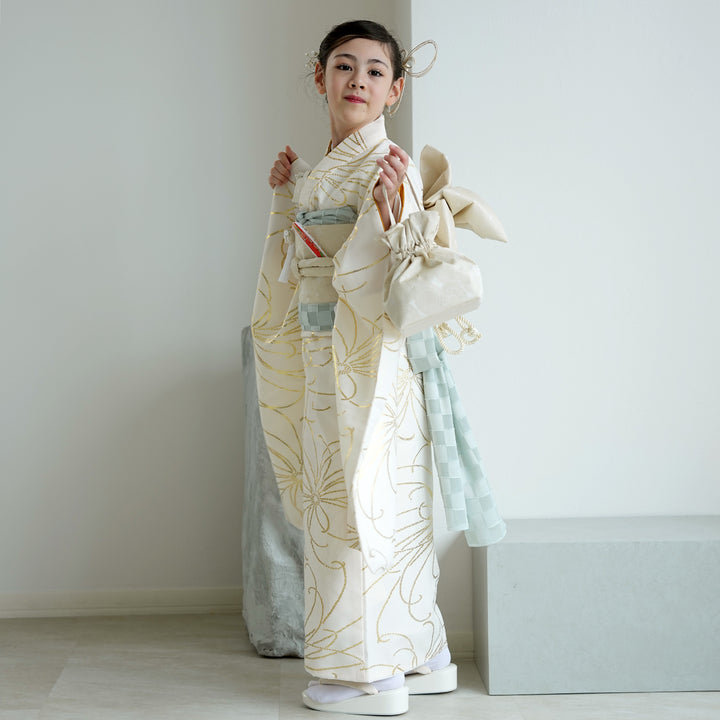 七五三着物 7歳 女の子 着物セット】販売品 四つ身 クリーム金彩・糸菊