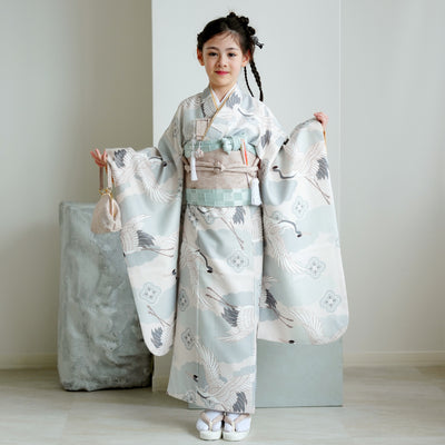 【七五三着物 7歳 女の子 着物セット】販売品 四つ身 ミント吉祥鶴 ひよこ商店（6728614000）