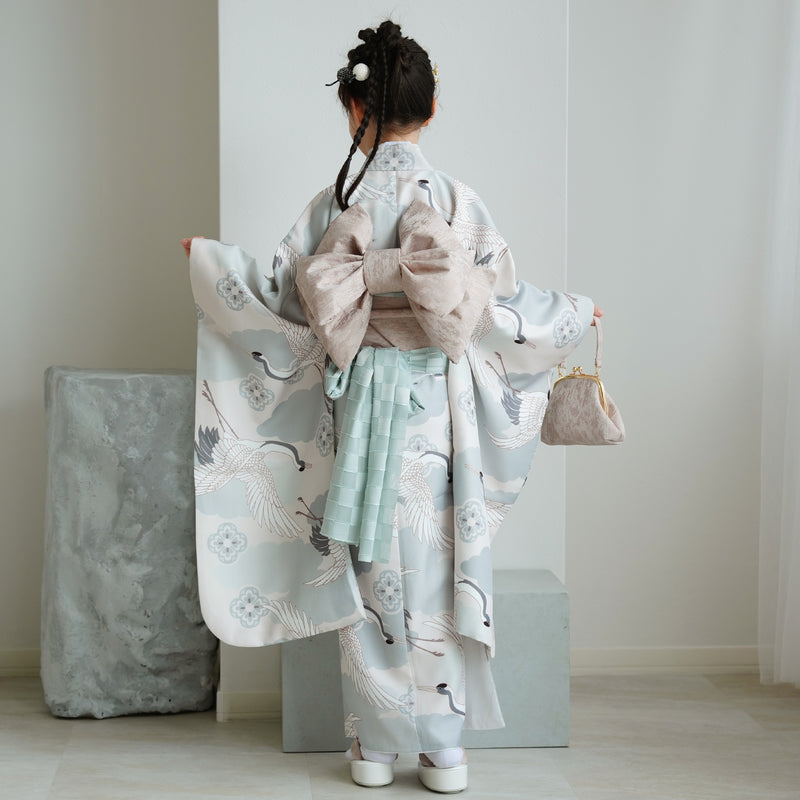 【七五三着物 7歳 女の子 着物セット】販売品 四つ身 ミント吉祥鶴 ひよこ商店（6728614000）