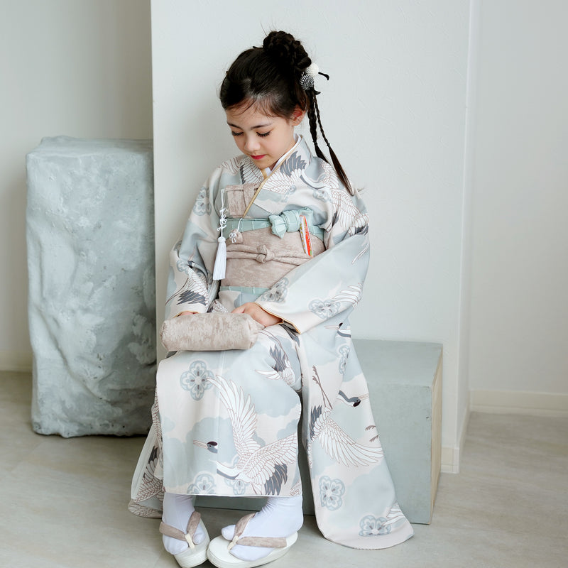 【七五三着物 7歳 女の子 着物セット】販売品 四つ身 ミント吉祥鶴 ひよこ商店（6728614000）