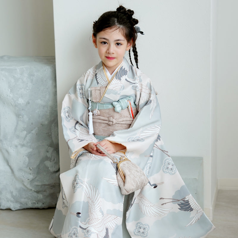 【七五三着物 7歳 女の子 着物セット】販売品 四つ身 ミント吉祥鶴 ひよこ商店（6728614000）