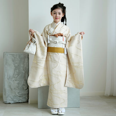【七五三着物 7歳 女の子 着物セット】販売品 四つ身 ベージュ金彩・流水 ひよこ商店（6728614100）