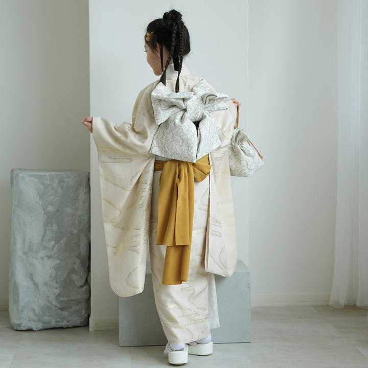 七五三着物 7歳 女の子 着物セット】販売品 四つ身 ベージュ金彩・流水
