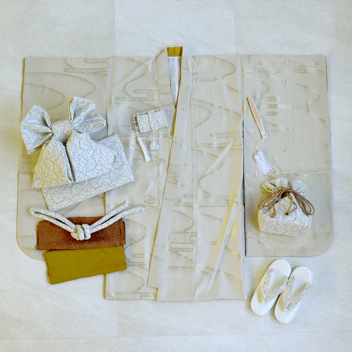 七五三着物 7歳 女の子 着物セット】販売品 四つ身 ベージュ金彩・流水