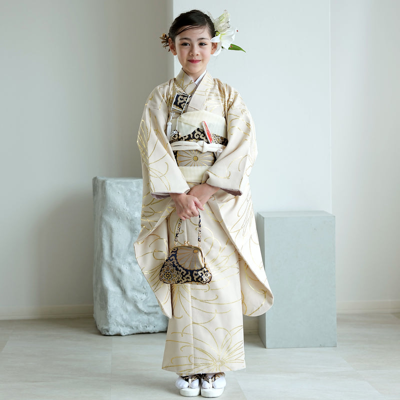 【七五三着物 7歳 女の子 着物セット】販売品 四つ身 ベージュ金彩・糸菊 ひよこ商店（6728614200）