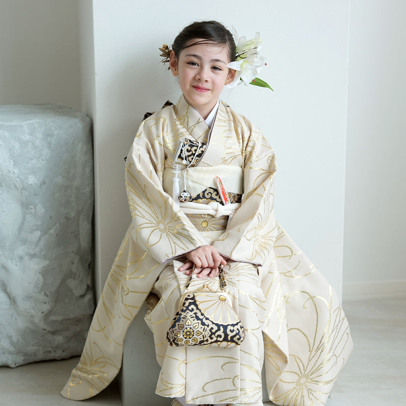 【七五三着物 7歳 女の子 着物セット】販売品 四つ身 ベージュ金彩・糸菊 ひよこ商店（6728614200）