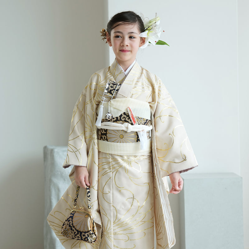 【七五三着物 7歳 女の子 着物セット】販売品 四つ身 ベージュ金彩・糸菊 ひよこ商店（6728614200）