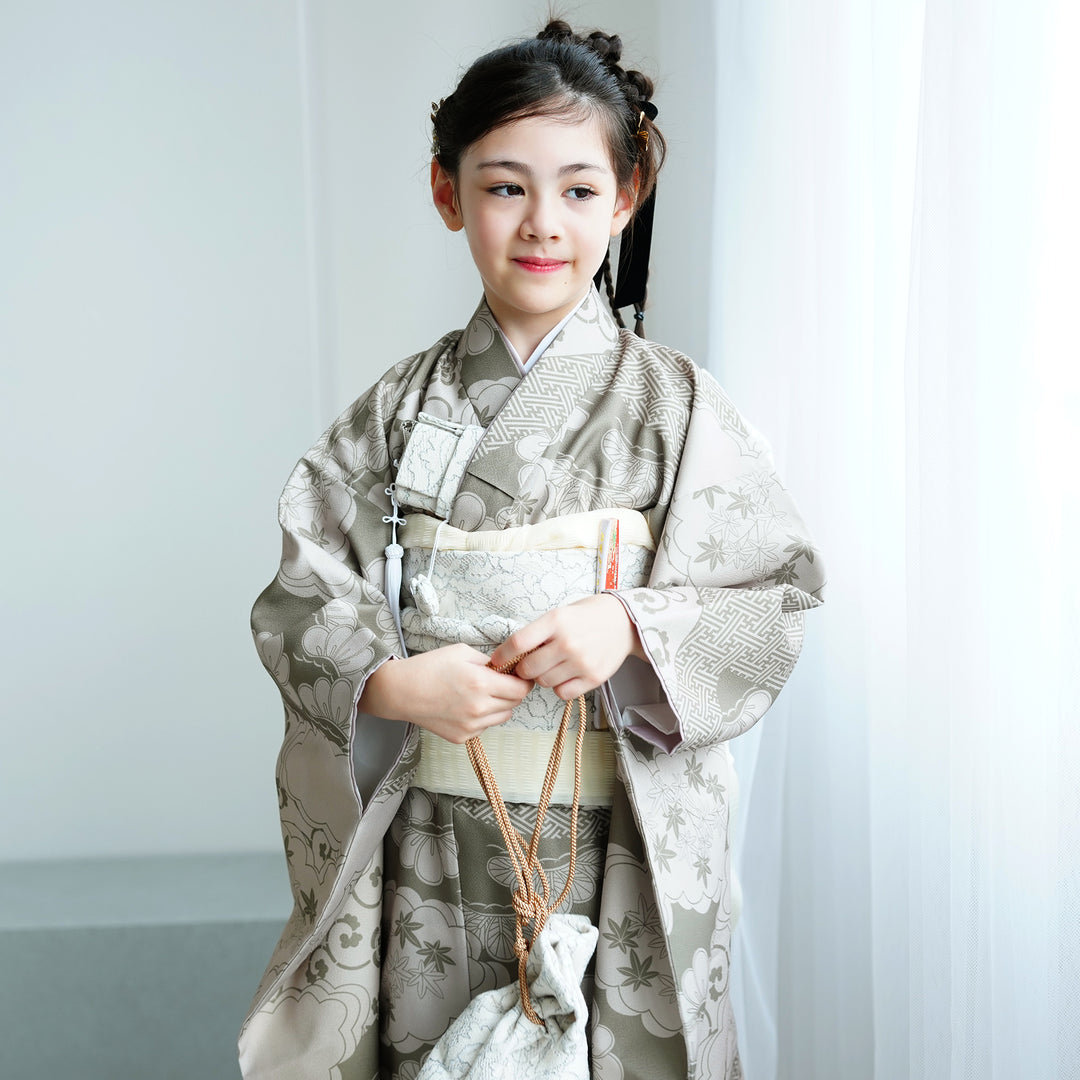 七五三着物 7歳 女の子 着物セット】販売品 四つ身 モスグリーン松文様