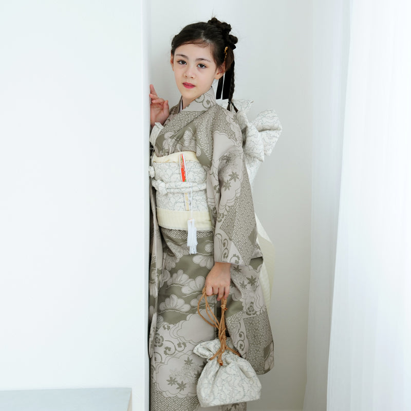【七五三着物 7歳 女の子 着物セット】販売品 四つ身 モスグリーン松文様 ひよこ商店（6728614500）