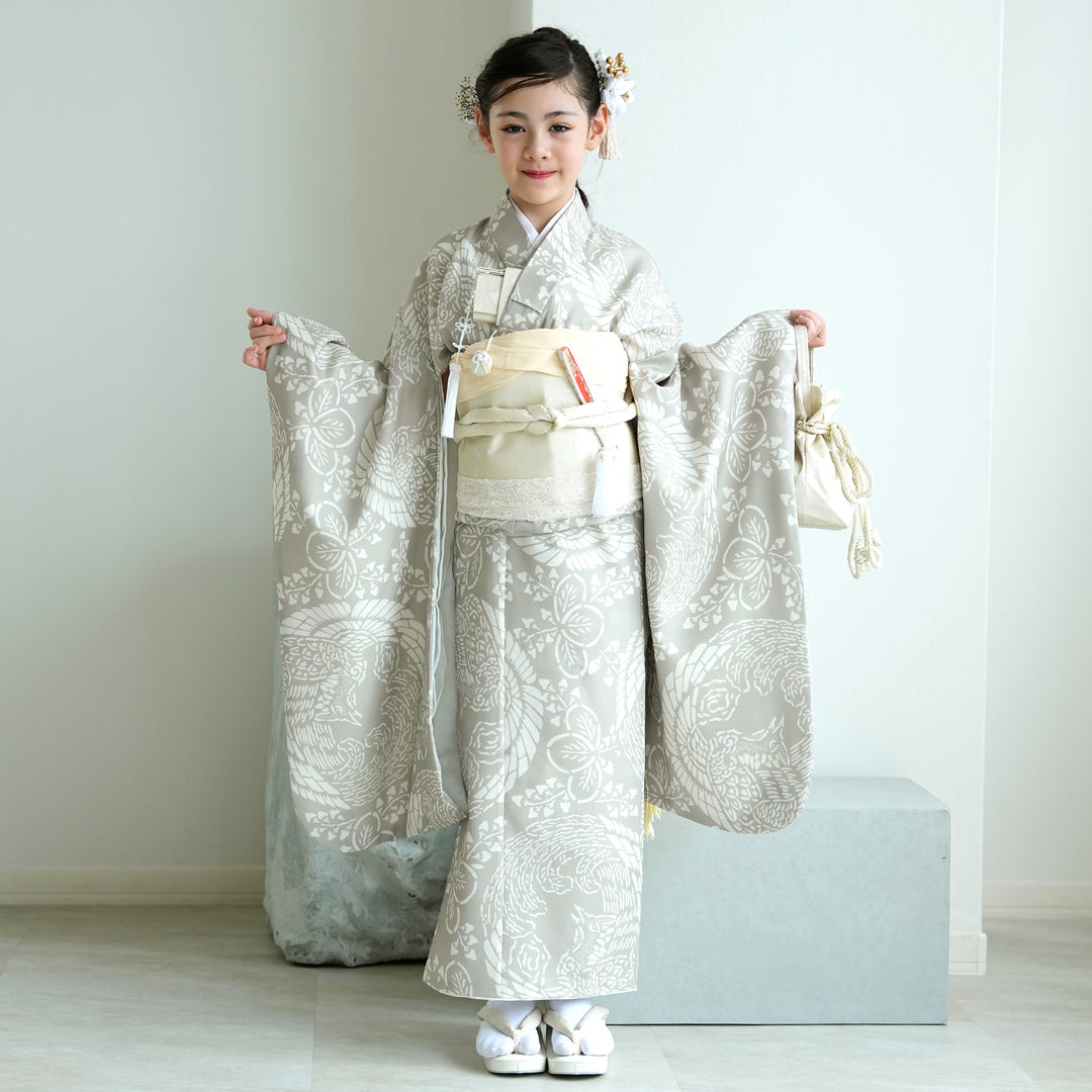 七五三着物 7歳 女の子 着物セット】販売品 四つ身 灰緑鳳凰 ひよこ