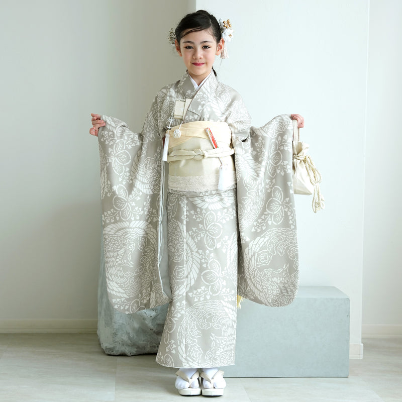 【七五三着物 7歳 女の子 着物セット】販売品 四つ身 灰緑鳳凰 ひよこ商店（6728614600）