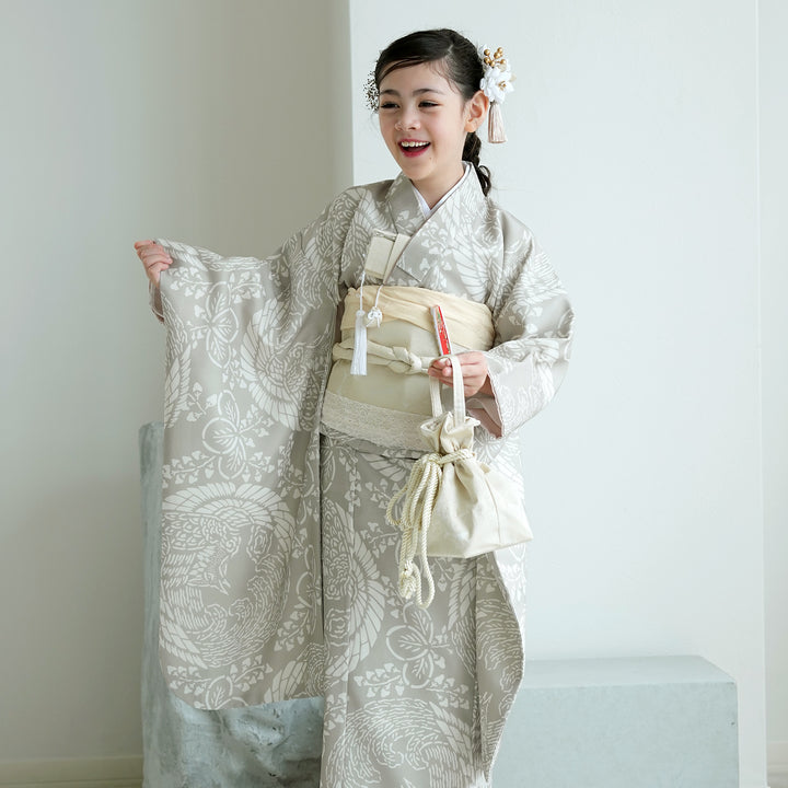 七五三着物 7歳 女の子 着物セット】販売品 四つ身 灰緑鳳凰 ひよこ