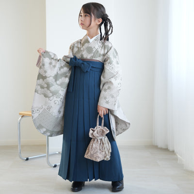 【ジュニア袴 2点セット モスグリーン松文様】 販売品 小学生袴   低身長さんも 袴83cm（身長138-145cm）袴87cm（身長145-152cm） 重ね衿縫い付済 ひよこ商店（6730726201）