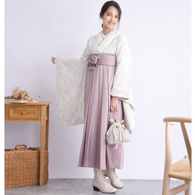【リサイクル着物】 2尺袖着物 袴 2点セット 販売品 中古 USED レース アイボリー ベージュ 袴83-87cm（身長138-152cm） 小学生 ジュニア 低身長コーデ 重ね衿縫い付済 （6732703001）【中古販売】