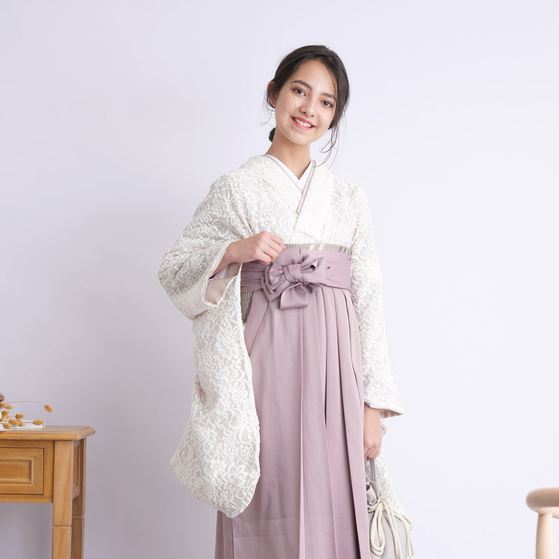 【リサイクル着物】 2尺袖着物 袴 2点セット 販売品 中古 USED レース アイボリー ベージュ 袴83-87cm（身長138-152cm） 小学生 ジュニア 低身長コーデ 重ね衿縫い付済 （6732703001）【中古販売】