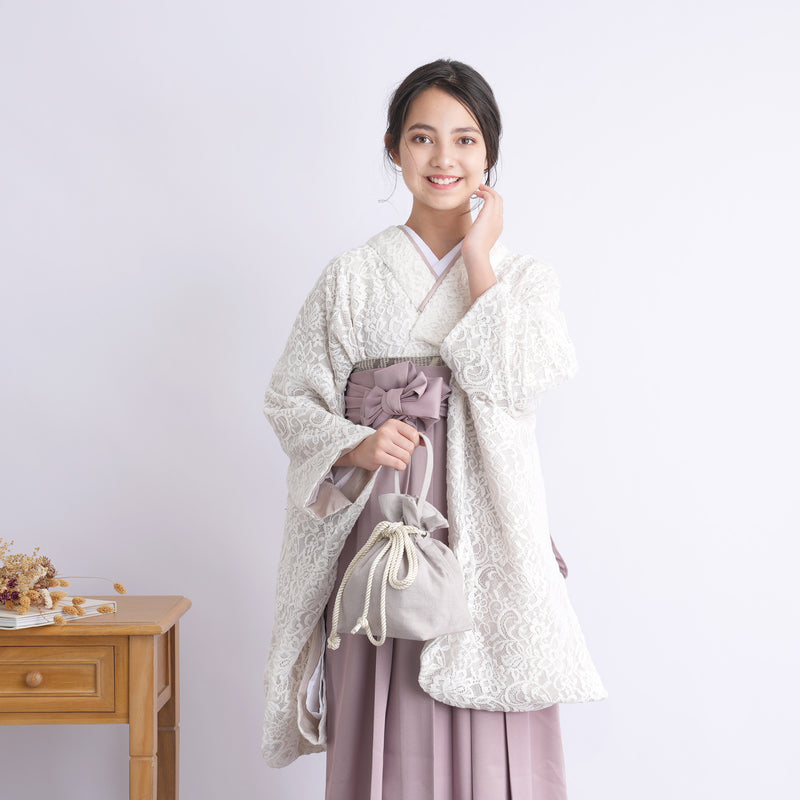 【リサイクル着物】 2尺袖着物 袴 2点セット 販売品 中古 USED レース アイボリー ベージュ 袴83-87cm（身長138-152cm） 小学生 ジュニア 低身長コーデ 重ね衿縫い付済 （6732703001）【中古販売】