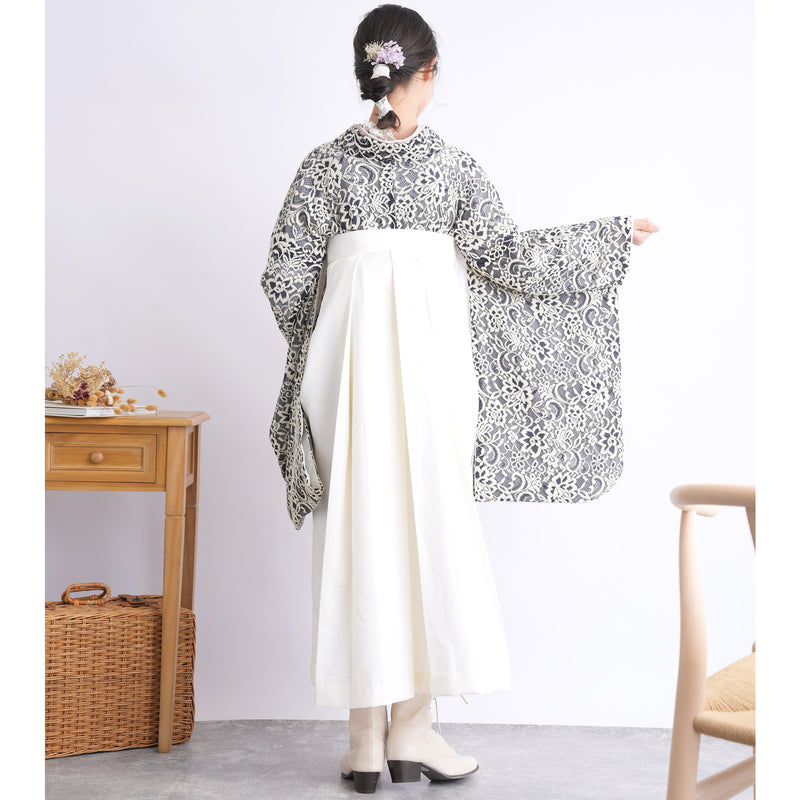 【リサイクル着物】 2尺袖着物 袴 2点セット 販売品 中古 USED レース 紺系 袴83-87cm（身長138-152cm） 小学生 ジュニア 低身長コーデ 重ね衿縫い付済 （6732703101）【中古販売】