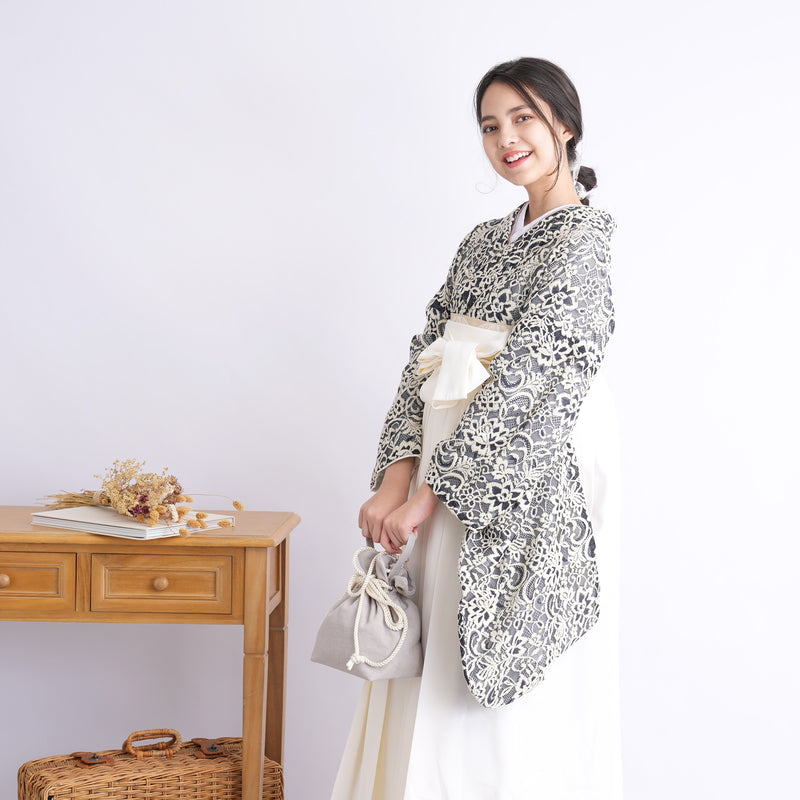 【リサイクル着物】 2尺袖着物 袴 2点セット 販売品 中古 USED レース 紺系 袴83-87cm（身長138-152cm） 小学生 ジュニア 低身長コーデ 重ね衿縫い付済 （6732703101）【中古販売】