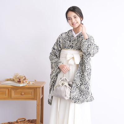 【リサイクル着物】 2尺袖着物 袴 2点セット 販売品 中古 USED レース 紺系 袴83-87cm（身長138-152cm） 小学生 ジュニア 低身長コーデ 重ね衿縫い付済 （6732703101）【中古販売】