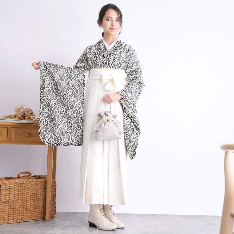 【リサイクル着物】 2尺袖着物 袴 2点セット 販売品 中古 USED レース 紺系 袴83-87cm（身長138-152cm） 小学生 ジュニア 低身長コーデ 重ね衿縫い付済 （6732703101）【中古販売】