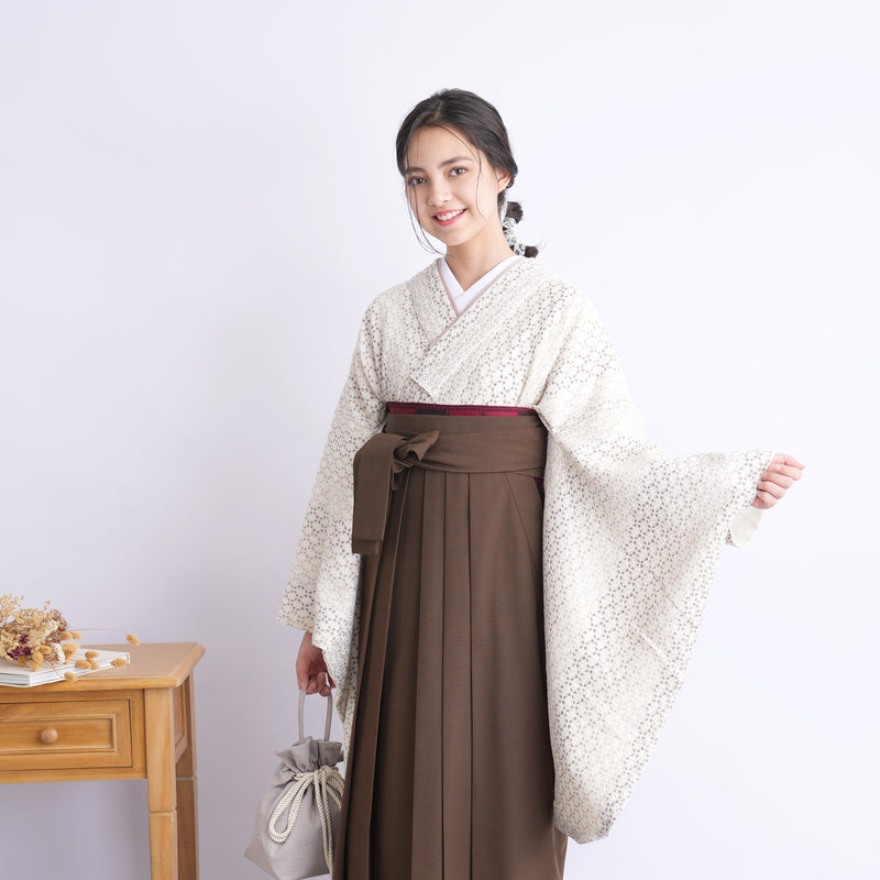 【リサイクル着物】 2尺袖着物 袴 2点セット 販売品 中古 USED レース ベージュ系 袴83-87cm（身長138-152cm） 小学生 ジュニア 低身長コーデ 重ね衿縫い付済 （6732703201）【中古販売】