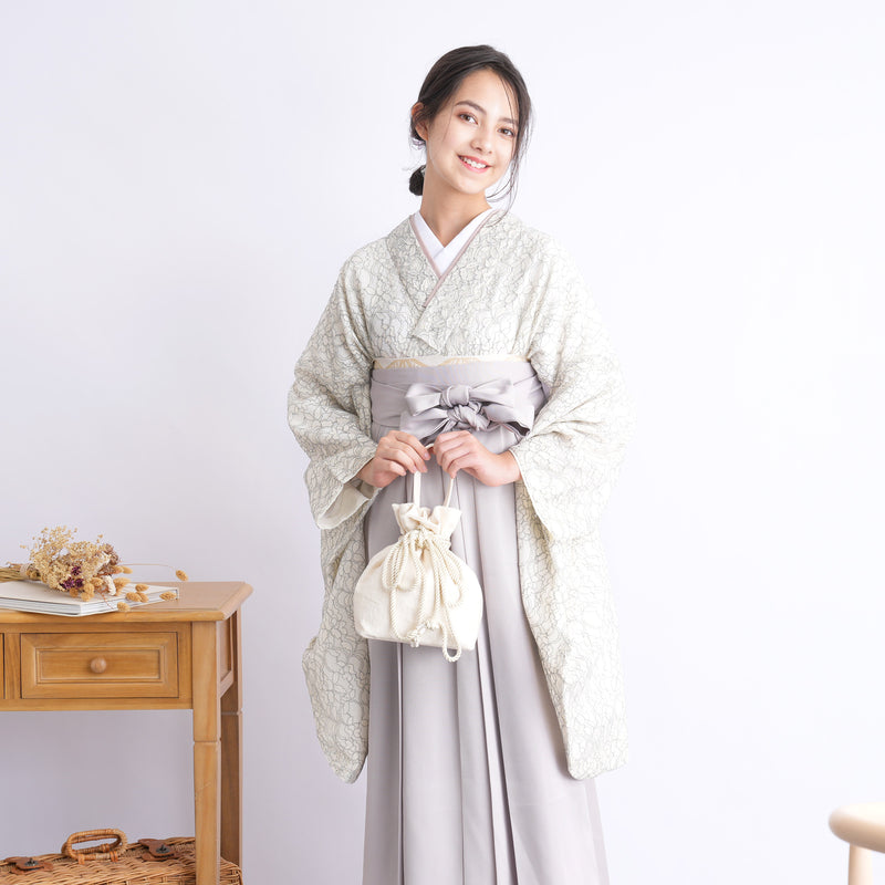 【リサイクル着物】 2尺袖着物 袴 2点セット 販売品 中古 USED レース アイボリー系 袴83-87cm（身長138-152cm） 小学生 ジュニア 低身長コーデ 重ね衿縫い付済 （6732703301）【中古販売】