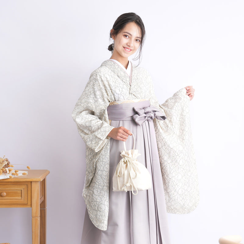 【リサイクル着物】 2尺袖着物 袴 2点セット 販売品 中古 USED レース アイボリー系 袴83-87cm（身長138-152cm） 小学生 ジュニア 低身長コーデ 重ね衿縫い付済 （6732703301）【中古販売】