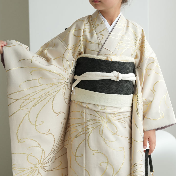 10歳 振袖セット】販売品 ベージュ金彩・糸菊 ハーフ成人式 ジュニア