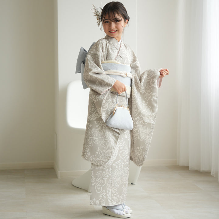 10歳 振袖セット】販売品 灰緑鳳凰 ハーフ成人式 ジュニア着物 ひよこ