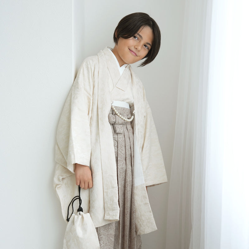 【ハーフ成人式  男の子 袴セット ジャガード・ペイズリー オフホワイト×ベージュ】販売品  10歳 1/2成人式 小学生 キッズ 138cm-150cm前後（6739600000）