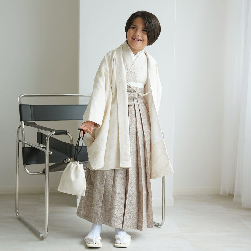【ハーフ成人式  男の子 袴セット ジャガード・ペイズリー オフホワイト×ベージュ】販売品  10歳 1/2成人式 小学生 キッズ 138cm-150cm前後（6739600000）