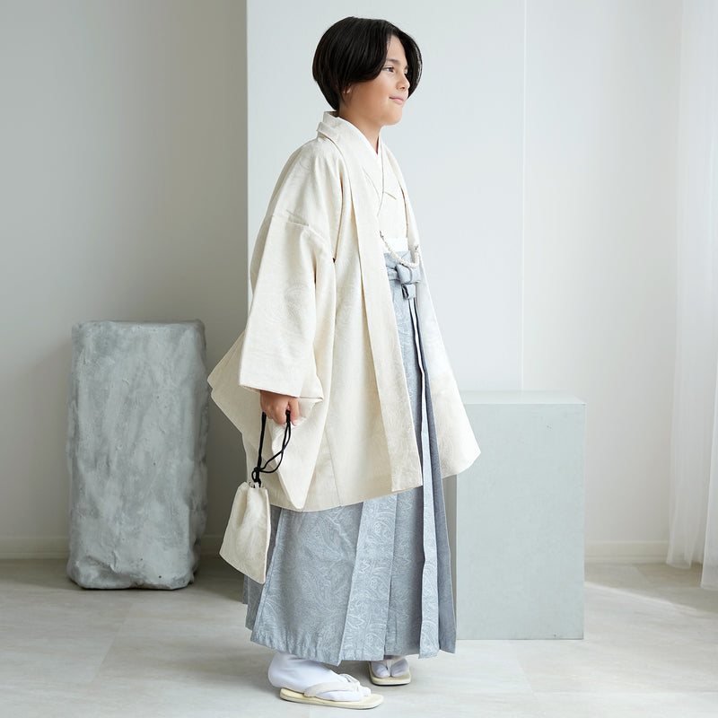 【ハーフ成人式  男の子 袴セット ジャガード・ペイズリー オフホワイト×くすみブルー】販売品  10歳 1/2成人式 小学生 キッズ 138cm-150cm前後（6739600100）