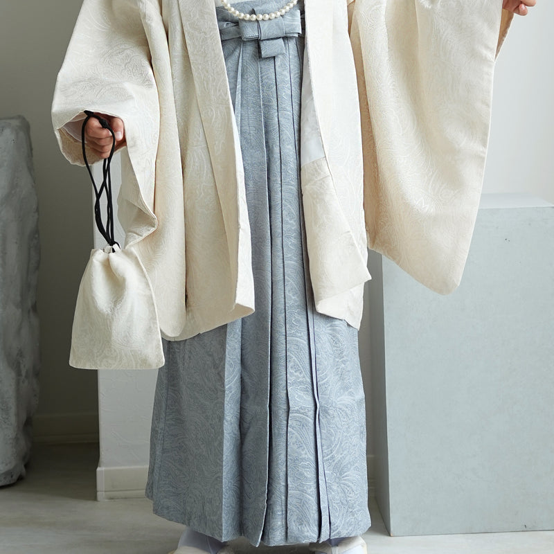 【ハーフ成人式  男の子 袴セット ジャガード・ペイズリー オフホワイト×くすみブルー】販売品  10歳 1/2成人式 小学生 キッズ 138cm-150cm前後（6739600100）