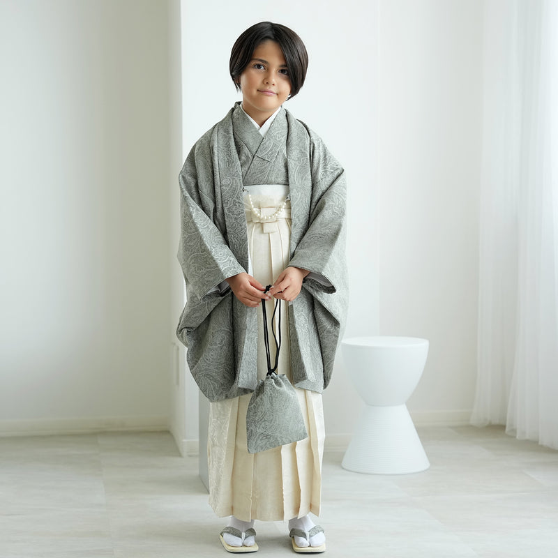【ハーフ成人式  男の子 袴セット ジャガード・ペイズリー くすみグリーン×オフホワイト】販売品  10歳 1/2成人式 小学生 キッズ 138cm-150cm前後（6739600200）