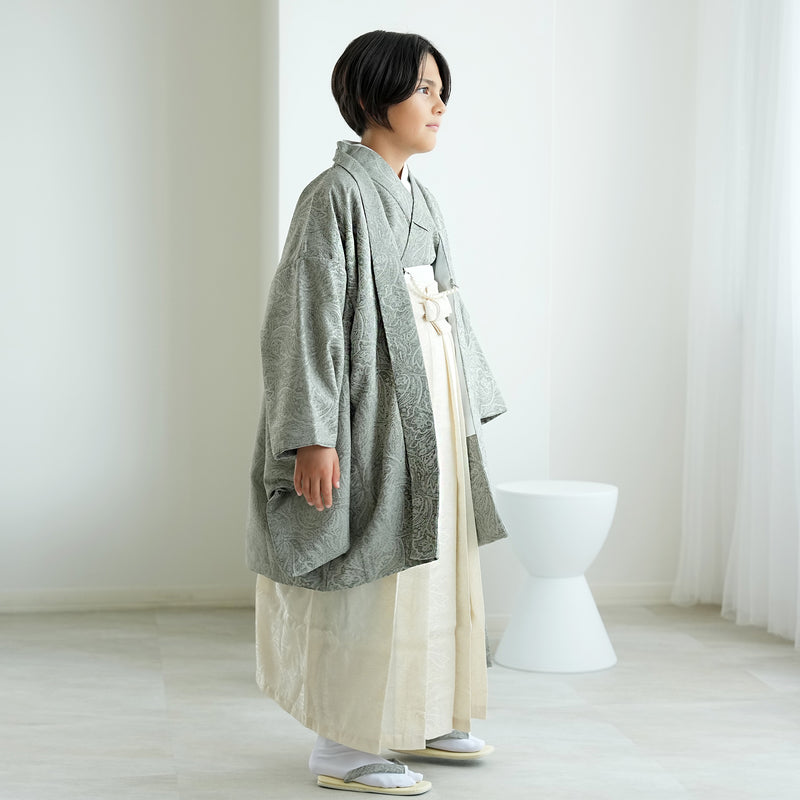 【ハーフ成人式  男の子 袴セット ジャガード・ペイズリー くすみグリーン×オフホワイト】販売品  10歳 1/2成人式 小学生 キッズ 138cm-150cm前後（6739600200）