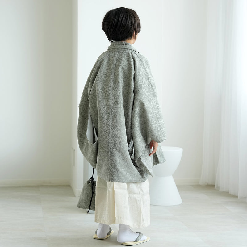 【ハーフ成人式  男の子 袴セット ジャガード・ペイズリー くすみグリーン×オフホワイト】販売品  10歳 1/2成人式 小学生 キッズ 138cm-150cm前後（6739600200）
