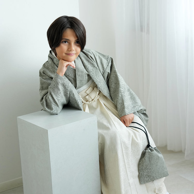 【ハーフ成人式  男の子 袴セット ジャガード・ペイズリー くすみグリーン×オフホワイト】販売品  10歳 1/2成人式 小学生 キッズ 138cm-150cm前後（6739600200）