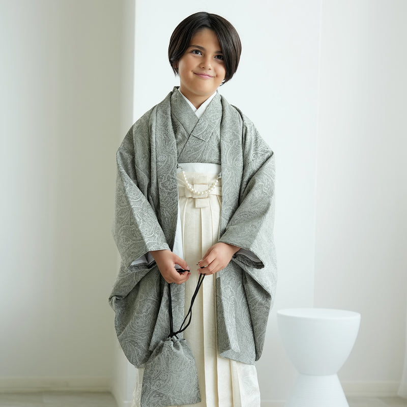 【ハーフ成人式  男の子 袴セット ジャガード・ペイズリー くすみグリーン×オフホワイト】販売品  10歳 1/2成人式 小学生 キッズ 138cm-150cm前後（6739600200）