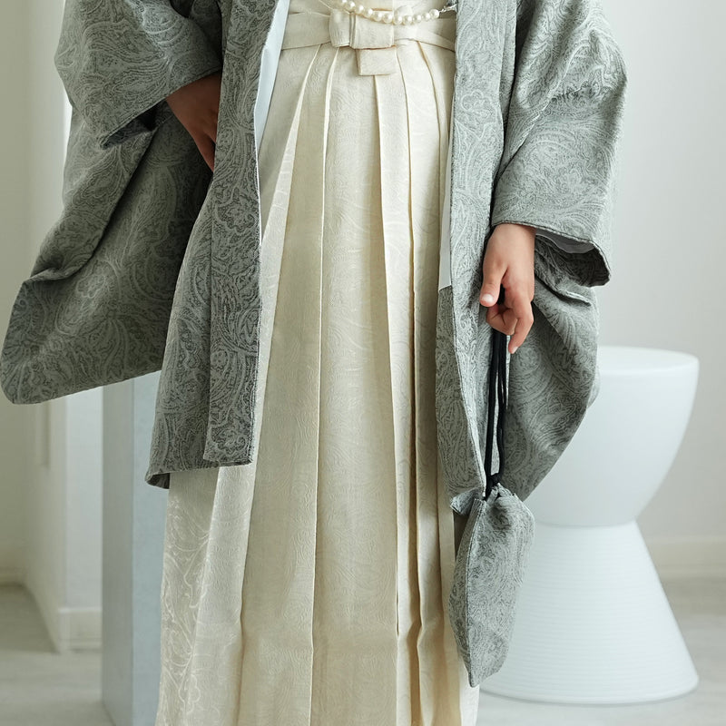 【ハーフ成人式  男の子 袴セット ジャガード・ペイズリー くすみグリーン×オフホワイト】販売品  10歳 1/2成人式 小学生 キッズ 138cm-150cm前後（6739600200）