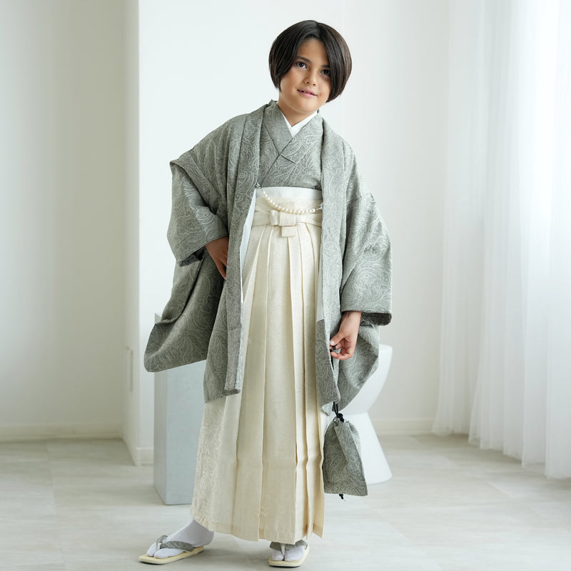 【ハーフ成人式  男の子 袴セット ジャガード・ペイズリー くすみグリーン×オフホワイト】販売品  10歳 1/2成人式 小学生 キッズ 138cm-150cm前後（6739600200）